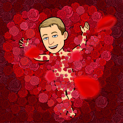 laying naked on a rose filled heart covered in rose petals