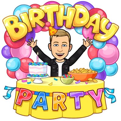 hands waving in the air surrounded by cake and balloons, birthday party