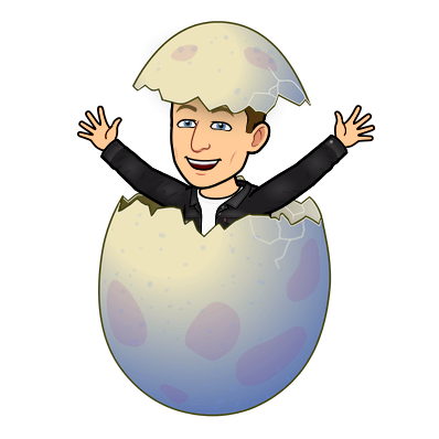 hatching out of a giant egg and smiling