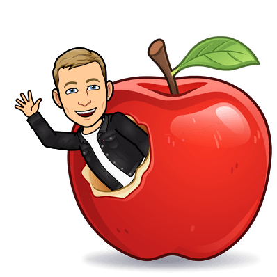 happily waving while popping out of a bite in an apple