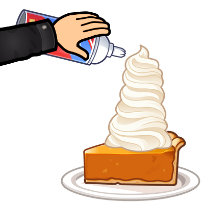 spraying a large amount of whipped cream onto a slice of pumpkin pie