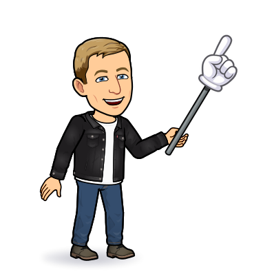 cheerfully holding a pointing hand on a stick