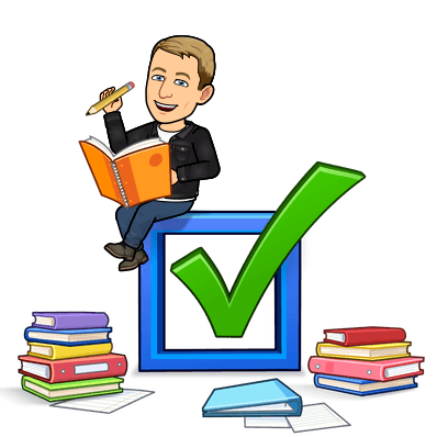 smiling and making notes while sitting on a giant check mark box