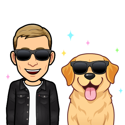 smiling wearing sunglasses with a happy dog also wearing sunglasses