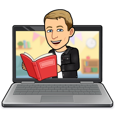 joyfully popping out of a laptop reading from a book