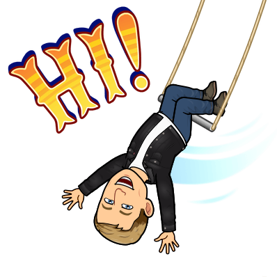 looking joyfully swinging upside down on a trapeze, hi