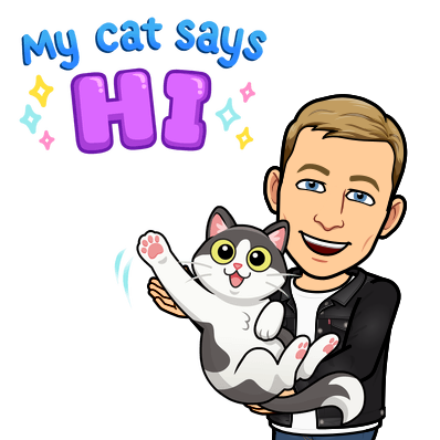 happily holding a cat and waving their paw, my cat says hi