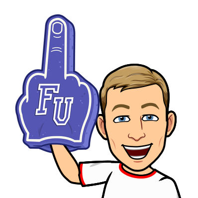 smiling and wearing a foam hand shaped as a middle finger, f u