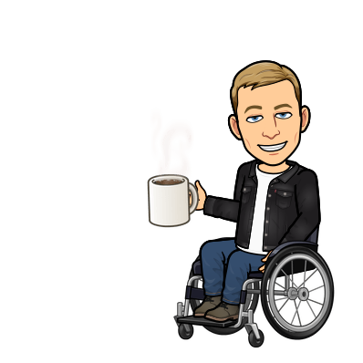 seated in a wheelchair holding a cup of coffee looking suave