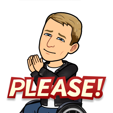 sitting in a wheelchair asking with hands together, please!