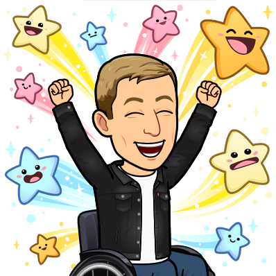 cheering seated in a wheelchair surrounded by a burst of smiling stars