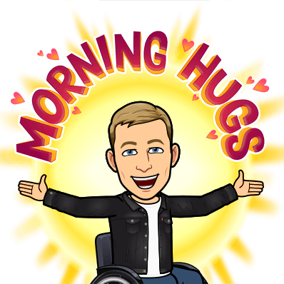 sitting in wheelchair in front of a shining sun with arms outstretched, morning hugs