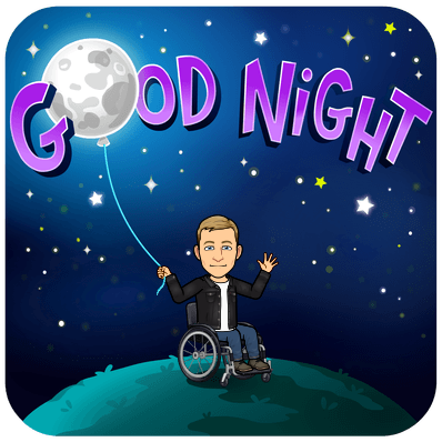 smiling in wheelchair holding a string attached to a moon balloon floating in the nights sky, good night