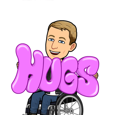 smiling in wheelchair and offering bubble letters, hugs