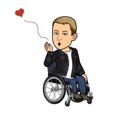 leaning over shoulder looking sultry in wheelchair and blowing a kiss