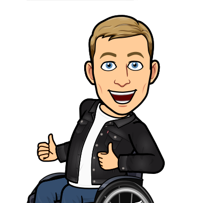 leaning back and smiling enthusiastically sitting in wheelchair and giving two thumbs up