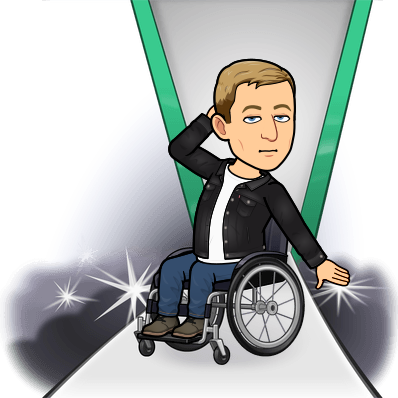 leaning back and posing in wheelchair on a fashion catwalk