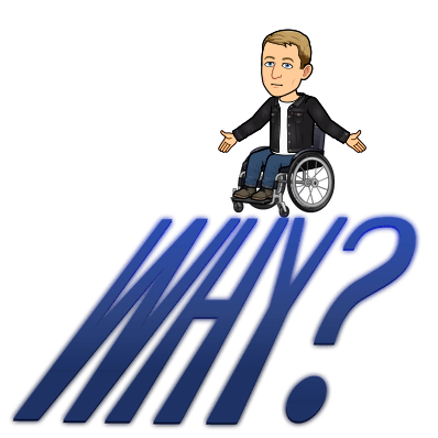 sitting in wheelchair with arms out asking, why