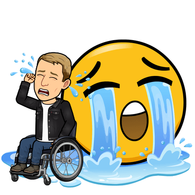 sitting in wheelchair crying next to sobbing emoji face