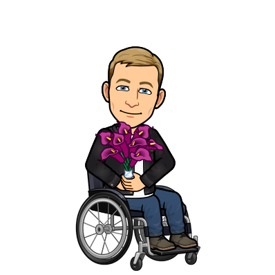 sitting in wheelchair smiling and offering a bouquet of lilies