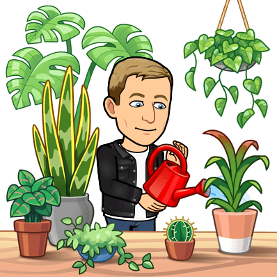 cheerfully watering an assortment of healthy plants