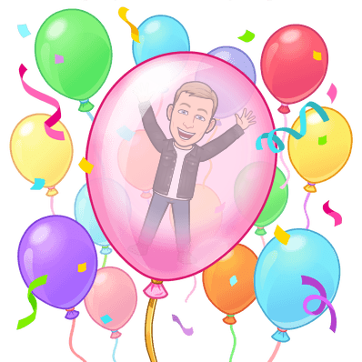 looking excited inside of a balloon surrounded by confetti and balloons