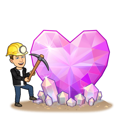 wearing a head lamp holding a pitch axe next to a giant heart shaped gem, i dig you