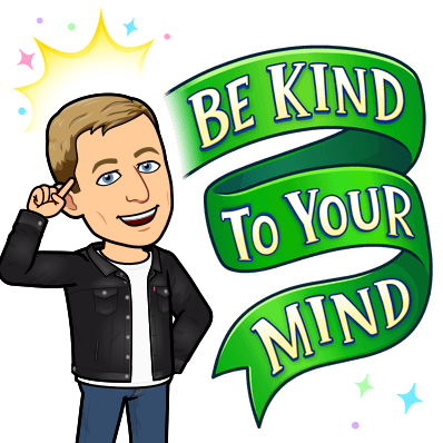 looking cheerful pointing to head standing next to a green scroll, be kind to your mind