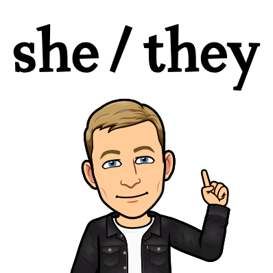 pointing towards text, she they