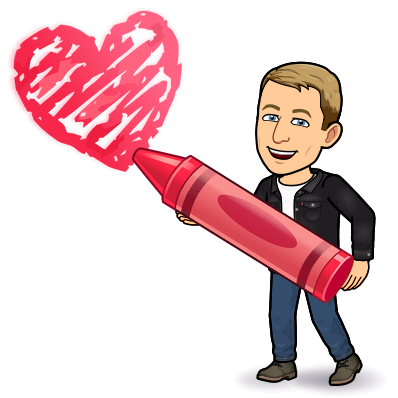 joyfully drawing a heart with a giant crayon