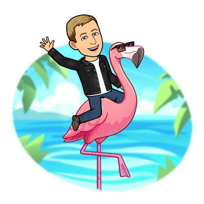joyfully waving while sitting on a flamingo that's wearing sunglasses near a beach