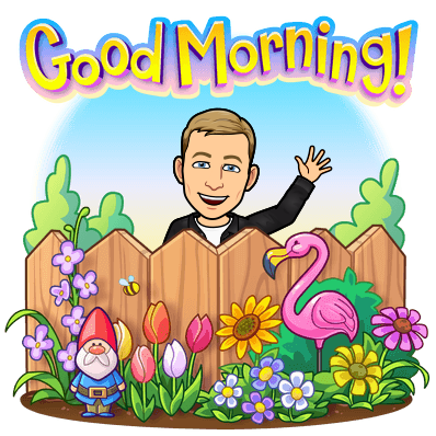 waving joyfully behind a fence and garden surrounded by plants and a garden gnome, good morning