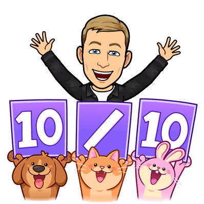 looking joyful with arms in the air surrounded by a dog cat and rabbit holding a sign, ten out of ten