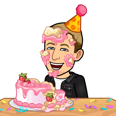 joyfully covered in cake while wearing a birthday hat surrounded by a half destroyed cake