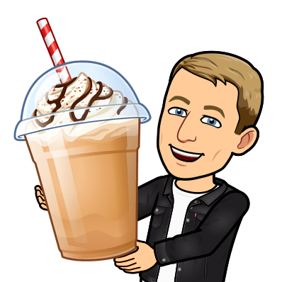 looking overjoyed with a giant frappuccino