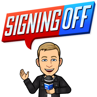 joyfully waving and holding a microphone, signing off