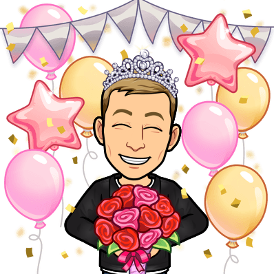 smiling holding flowers and a tiara surrounded by balloons and confetti