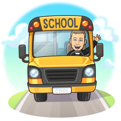 joyfully waving while driving a school bus