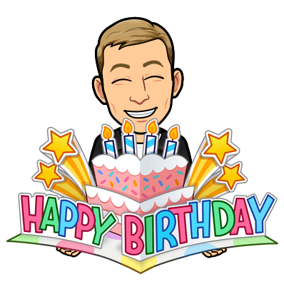 with a big smile holding up a popup card filled with cake and stars, happy birthday