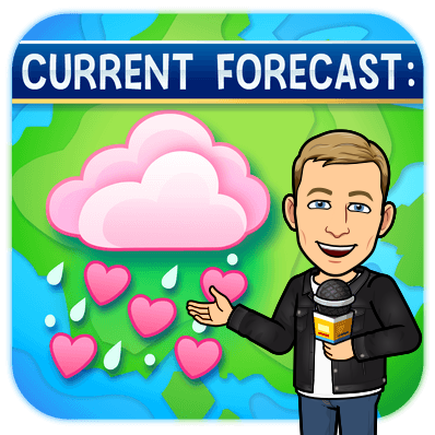 smiling holding a microphone presenting a weather report of raining hearts, current forecast