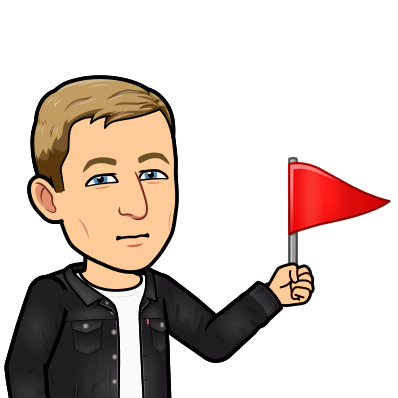 looking apprehensive holding a small red flag