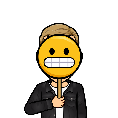 holding a grimacing emoji mask