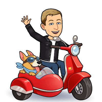 cheerfully waving while driving a moped with a cute dog riding in the sidecar