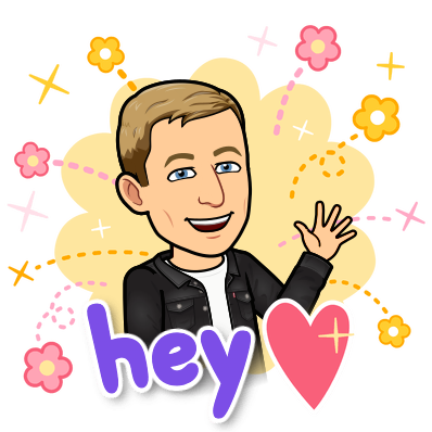 happily waving surrounded by flowers and a heart, hey