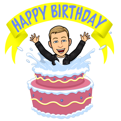 happily popping out of cake with arms outstretched and banner above, happy birthday