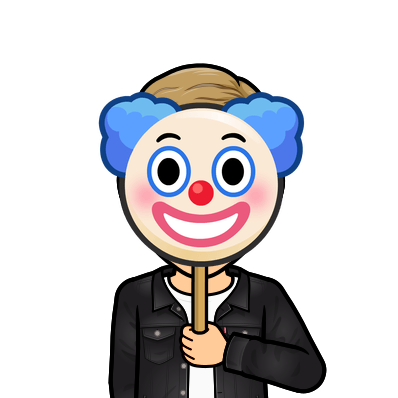 holding a smiling clown emoji mask