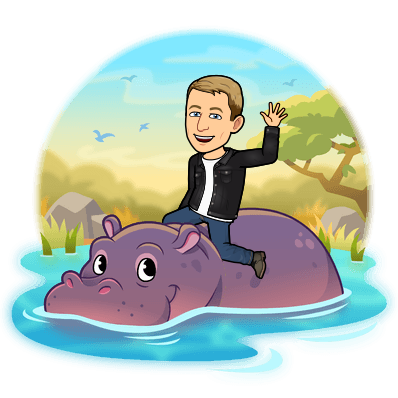 joyfully waving on top of a hippopotamus as it emerges from the water