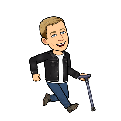 walking and smiling with a cane