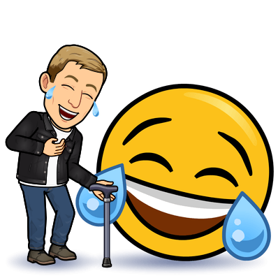 bent over laughing holding cane with laughing emoji