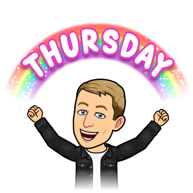 happily raising hands with a rainbow hovering over head, thursday